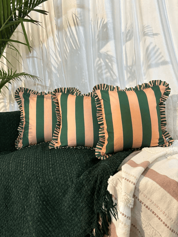 Forest Flame Ruffle Cushion Cover – Peach & Green