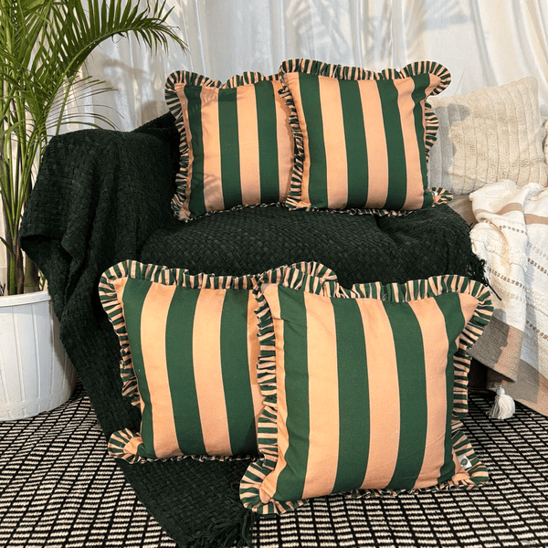 Forest Flame Ruffle Cushion Cover – Peach & Green