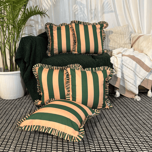 Forest Flame Ruffle Cushion Cover – Peach & Green