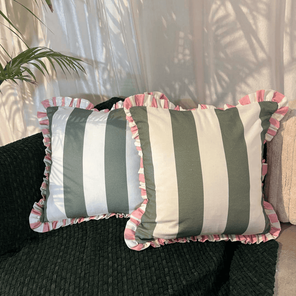 Garden Gelato Ruffle Cushion Cover – Olive & Pink