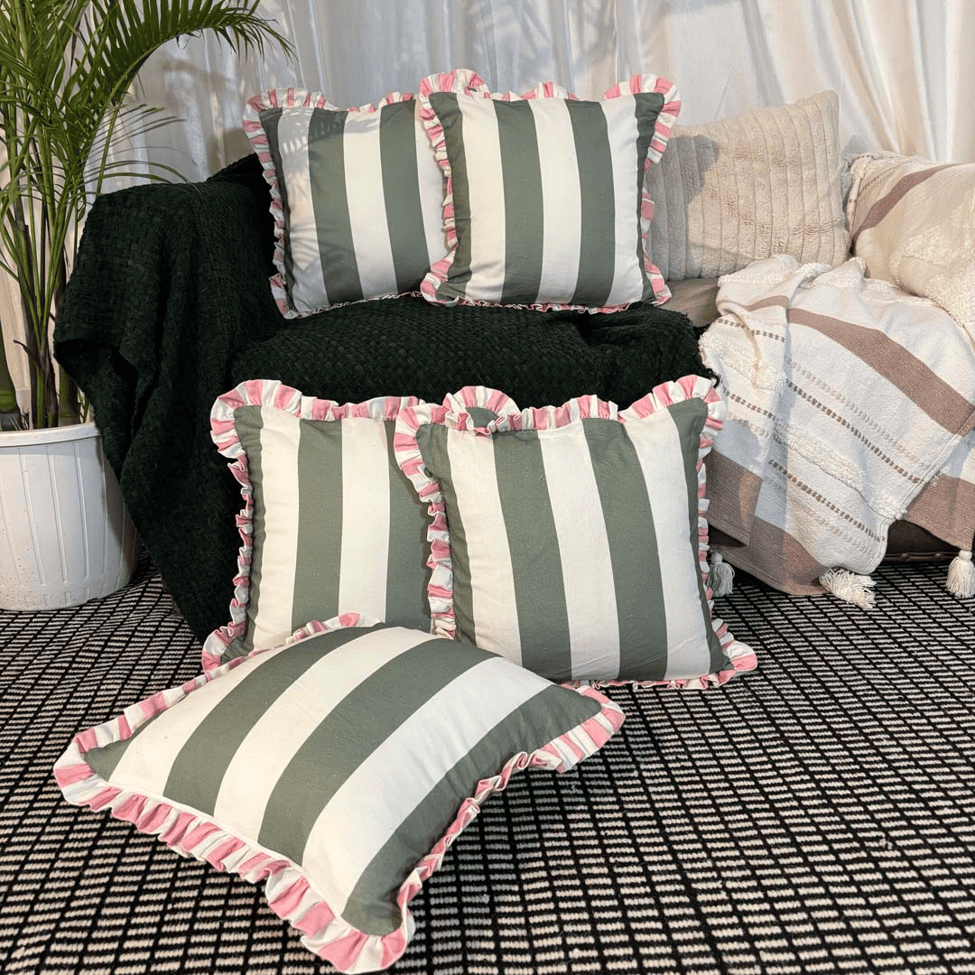 Garden Gelato Ruffle Cushion Cover – Olive & Pink