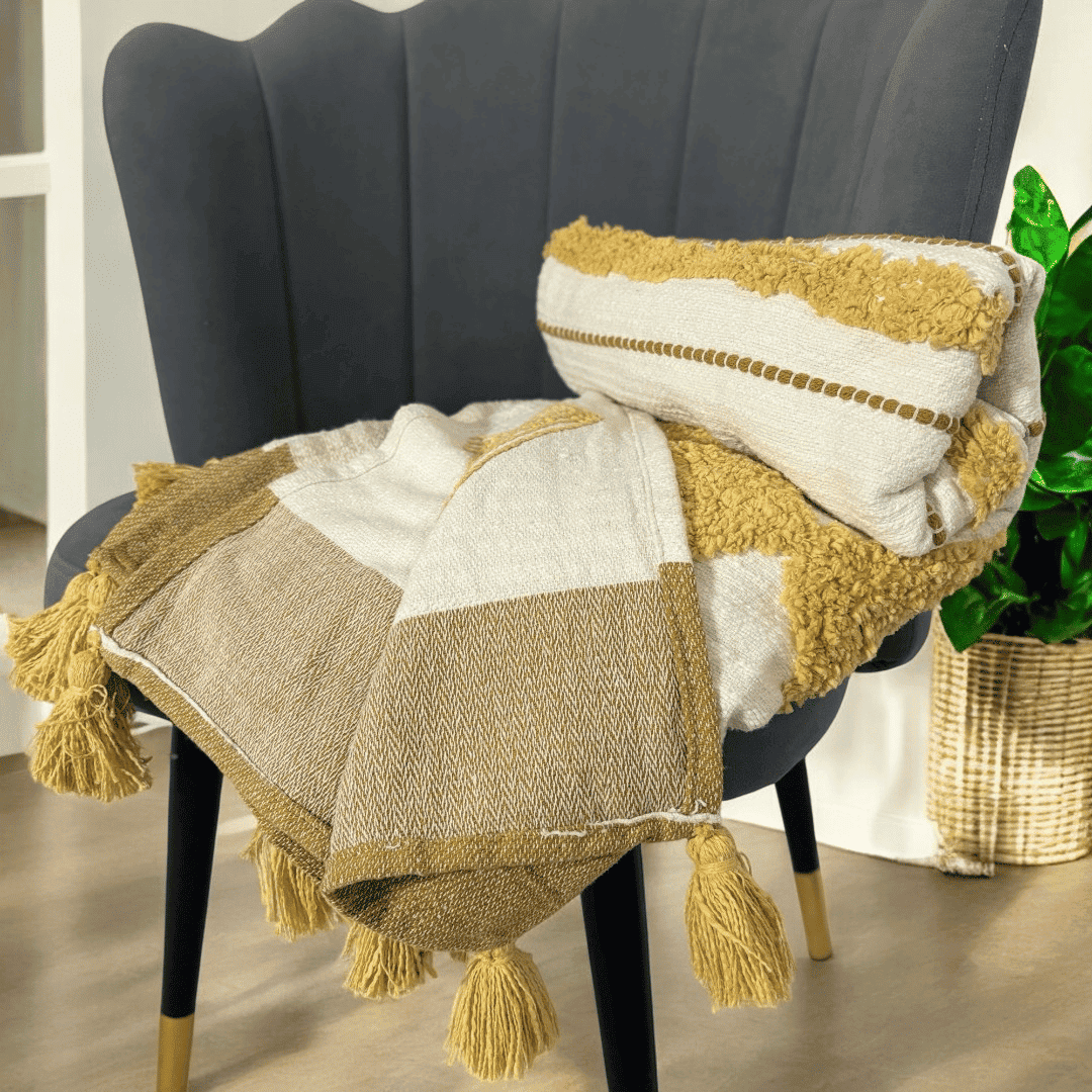 Golden Striped Tufted Sofa Throw