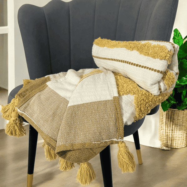 Golden Striped Tufted Sofa Throw