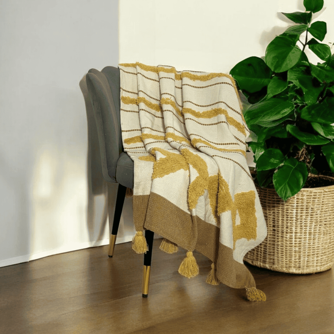 Golden Striped Tufted Sofa Throw
