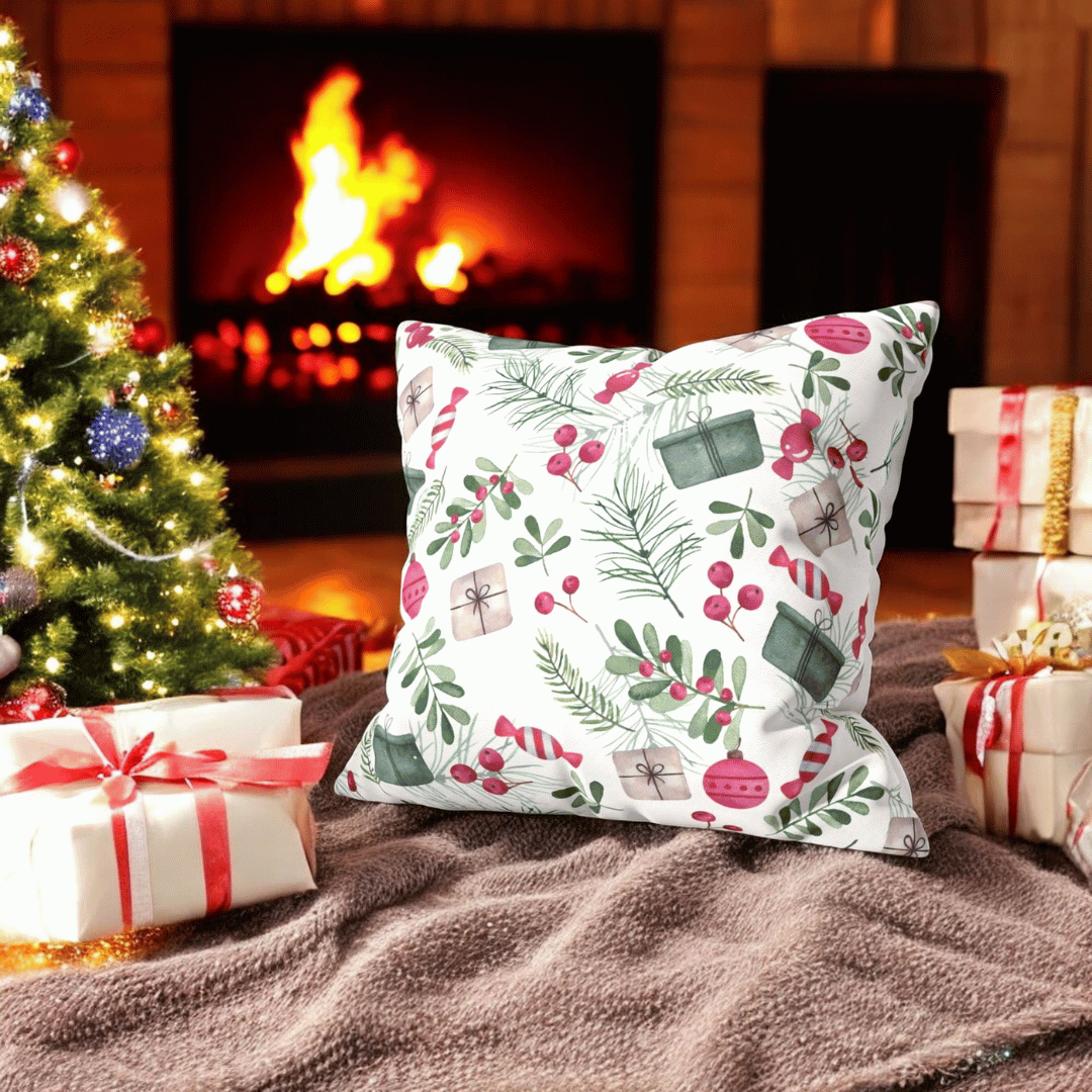 Holiday Gift & Holly Berry Velvet Christmas Cushion Cover Combo - Set of 5