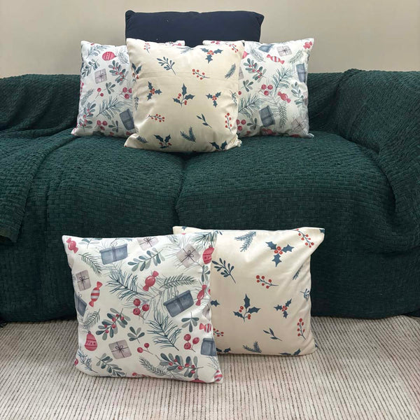 Holiday Gift & Holly Berry Velvet Christmas Cushion Cover Combo - Set of 5