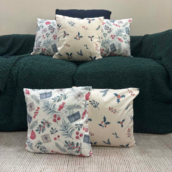 Holiday Gift & Holly Berry Velvet Christmas Cushion Cover Combo - Set of 5