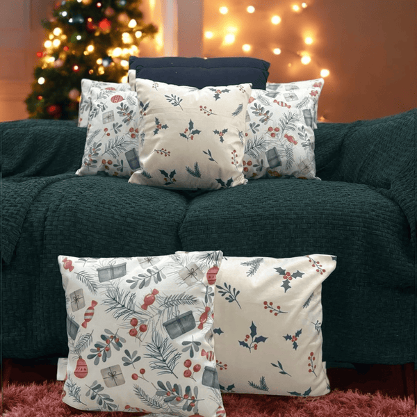 Holiday Gift & Holly Berry Velvet Christmas Cushion Cover Combo - Set of 5