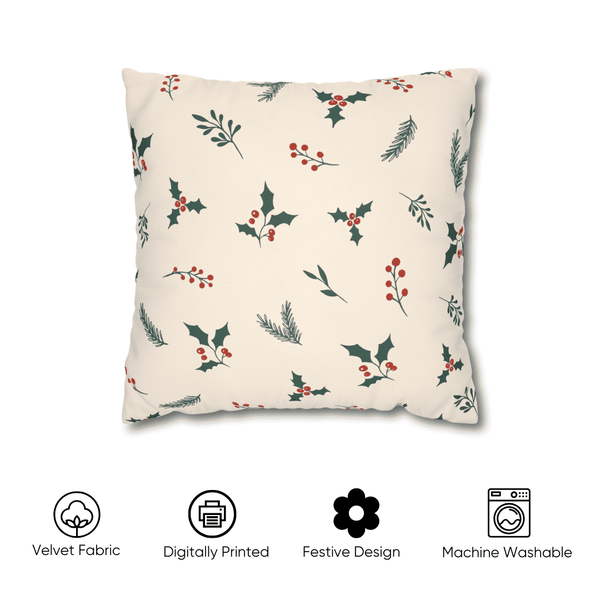 Holiday Gift & Holly Berry Velvet Christmas Cushion Cover Combo - Set of 5