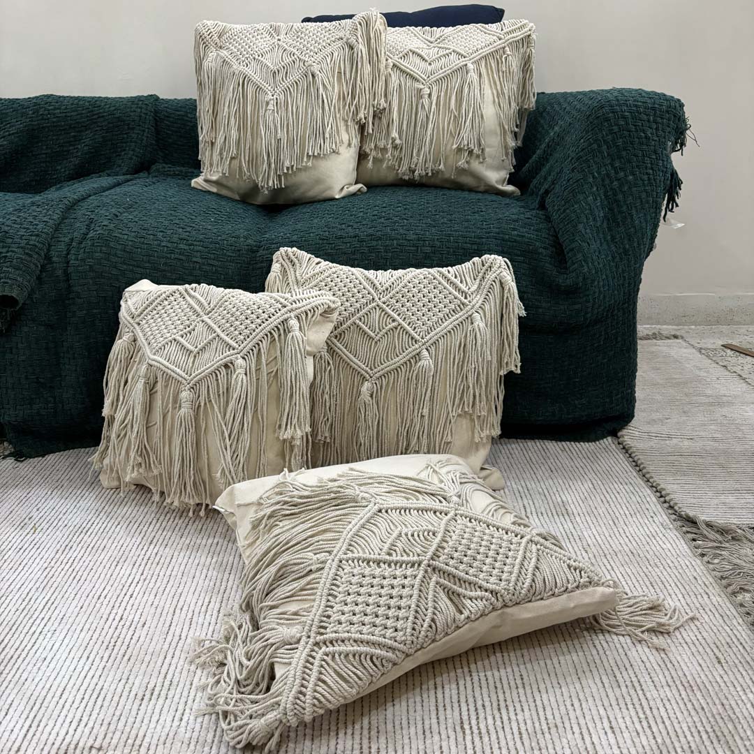 Macrame Elegance Fringed Cushion Cover