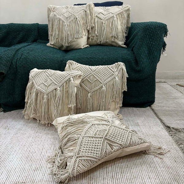Macrame Elegance Fringed Cushion Cover