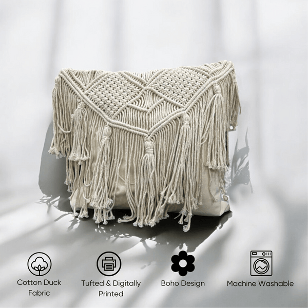 Macrame Elegance Fringed Cushion Cover