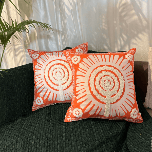 Marigold Mandala Embroidery Aari Work Cushion Cover – Orange Bloom