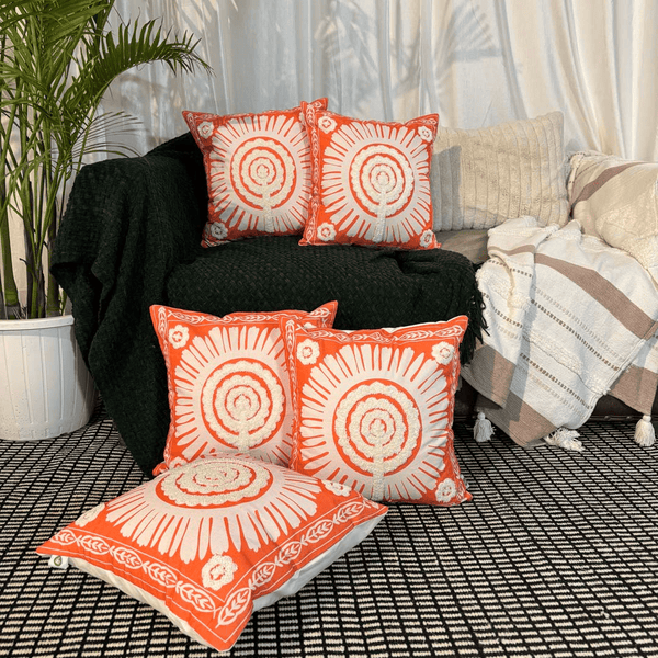 Marigold Mandala Embroidery Aari Work Cushion Cover – Orange Bloom