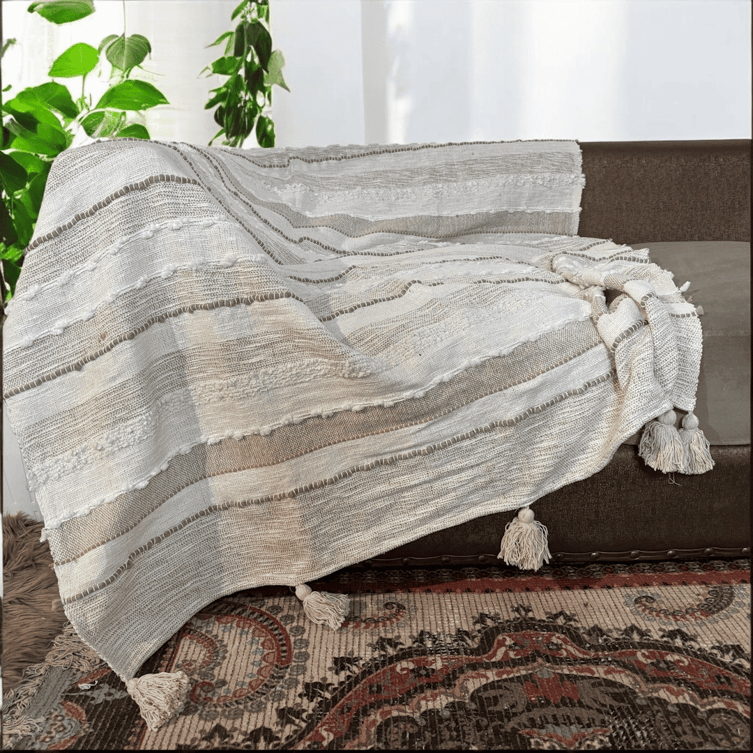 Natural Stripe Tufted Sofa Throw