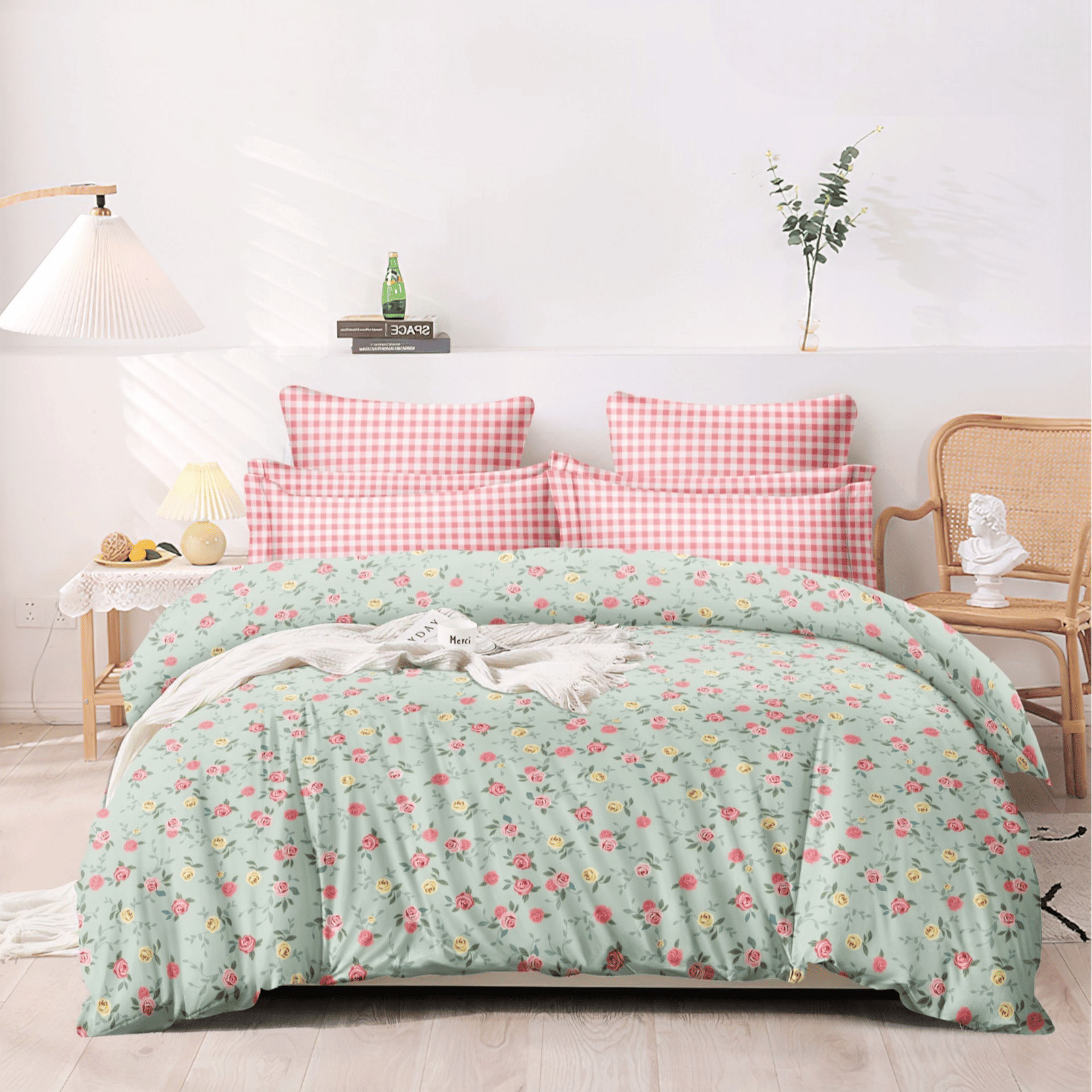 Pastel Gingham and Roses Bedsheet