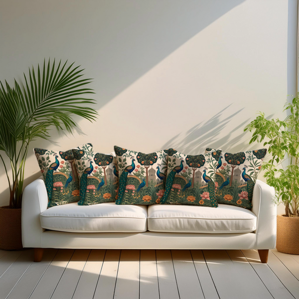 Peacock Garden Velvet Cushion Cover