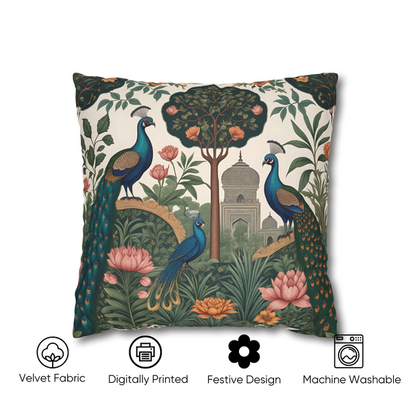 Peacock Garden Velvet Cushion Cover