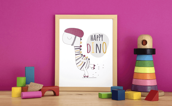 Skating Dino Joy - Framed Wall Art