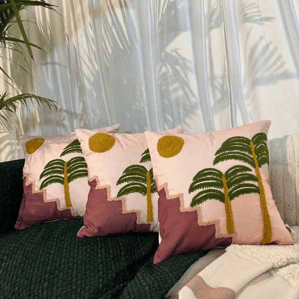Sunset Steps Embroidered Cushion Cover – Pink & Mustard
