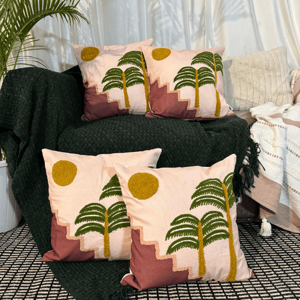 Sunset Steps Embroidered Cushion Cover – Pink & Mustard