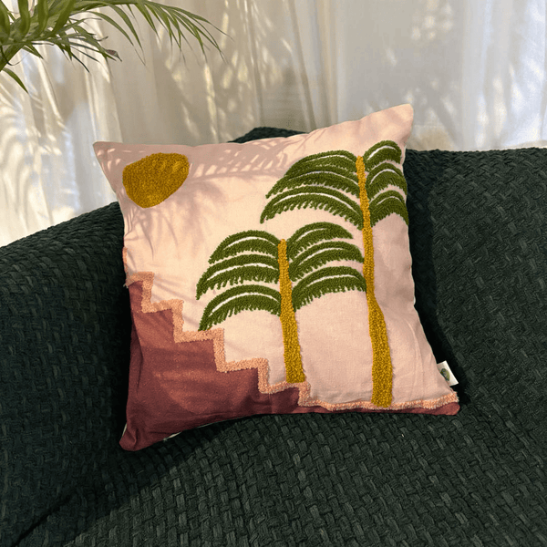 Sunset Steps Embroidered Cushion Cover – Pink & Mustard