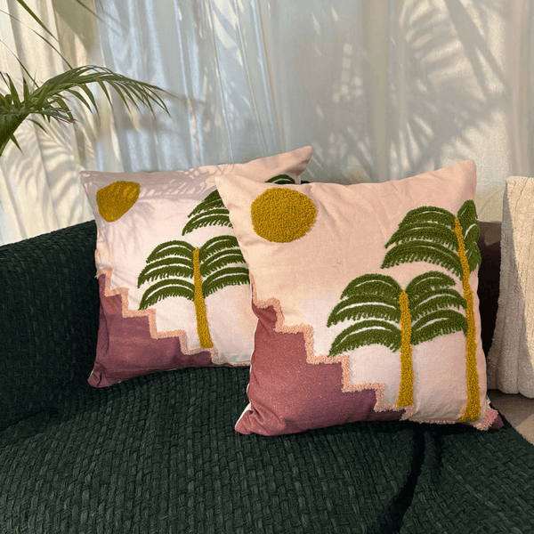 Sunset Steps Embroidered Cushion Cover – Pink & Mustard