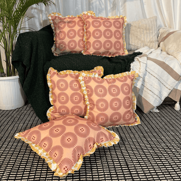 Terracotta Sunburst Ruffle Cushion Cover – Rust & Gold