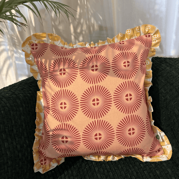 Terracotta Sunburst Ruffle Cushion Cover – Rust & Gold