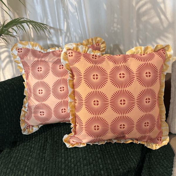 Terracotta Sunburst Ruffle Cushion Cover – Rust & Gold