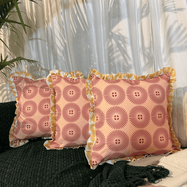 Terracotta Sunburst Ruffle Cushion Cover – Rust & Gold