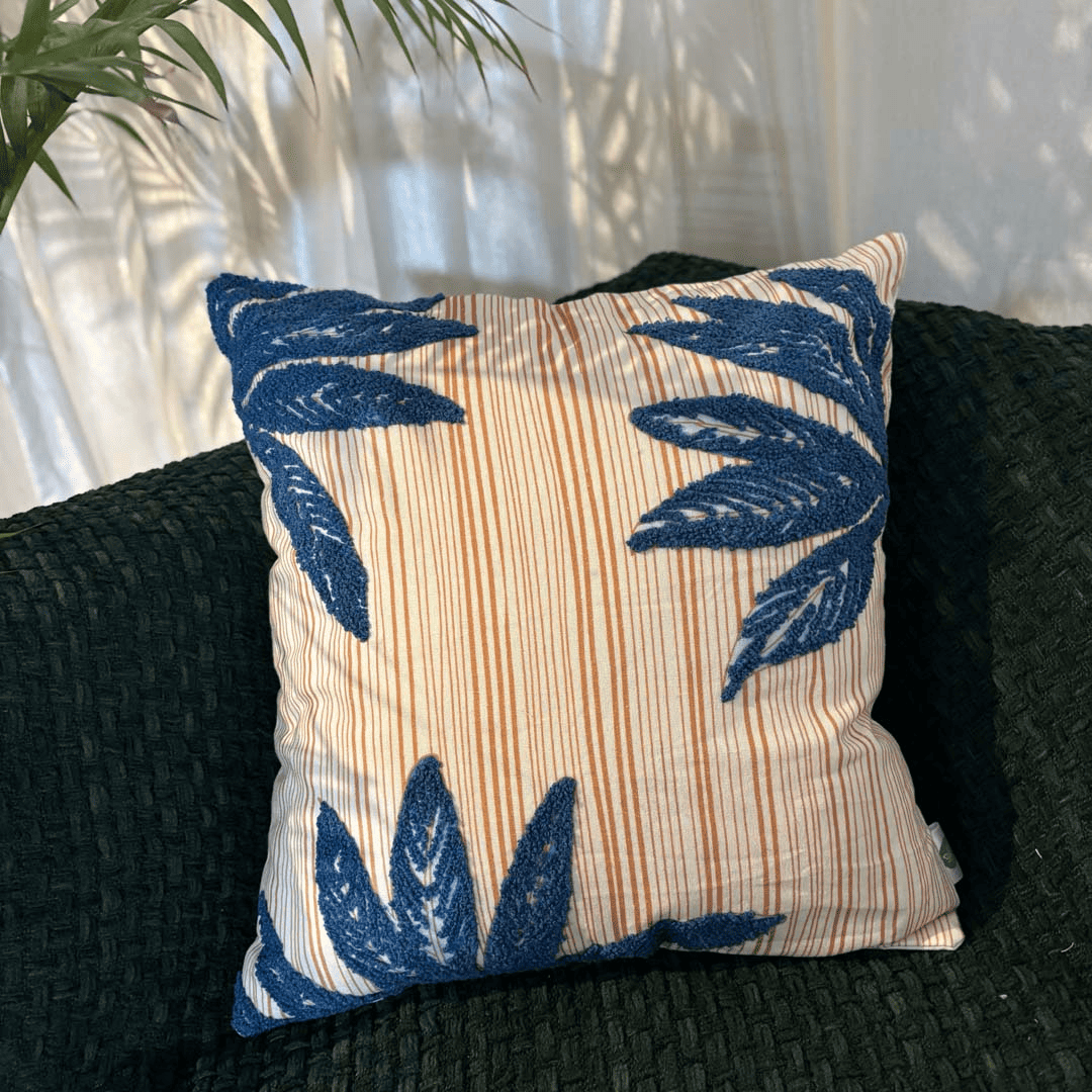 Tropical Whisper Embroidered Cushion Cover – Rust & Teal