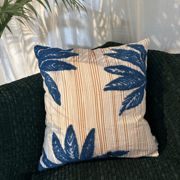Tropical Whisper Embroidered Cushion Cover – Rust & Teal