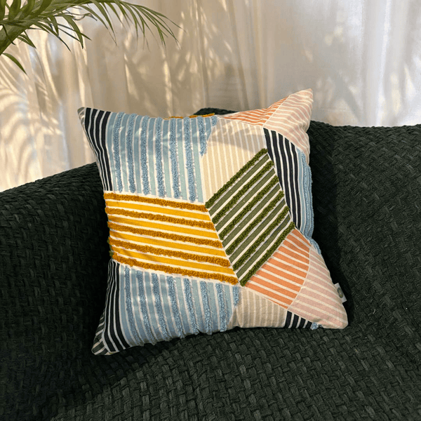 Urban Mosaic Embroidery Aari Work Cushion Cover – Multicolor Geometry