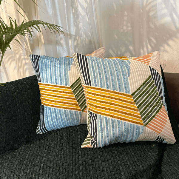 Urban Mosaic Embroidery Aari Work Cushion Cover – Multicolor Geometry