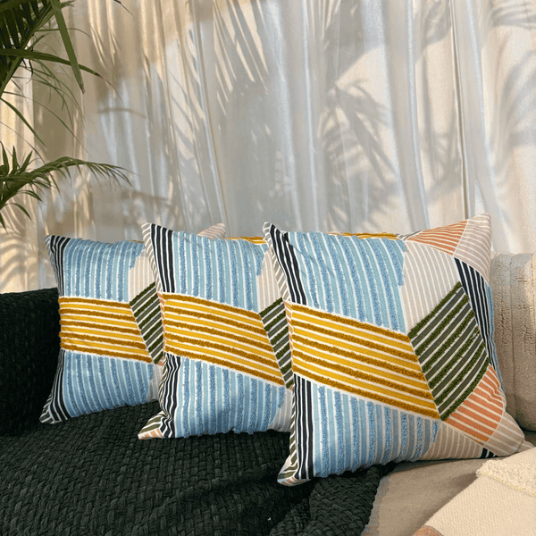 Urban Mosaic Embroidery Aari Work Cushion Cover – Multicolor Geometry