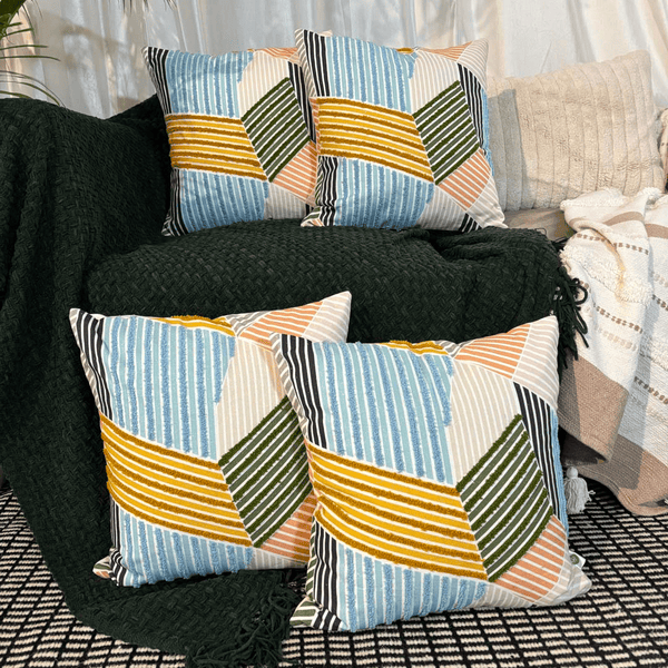 Urban Mosaic Embroidery Aari Work Cushion Cover – Multicolor Geometry