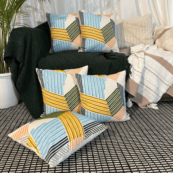 Urban Mosaic Embroidery Aari Work Cushion Cover – Multicolor Geometry