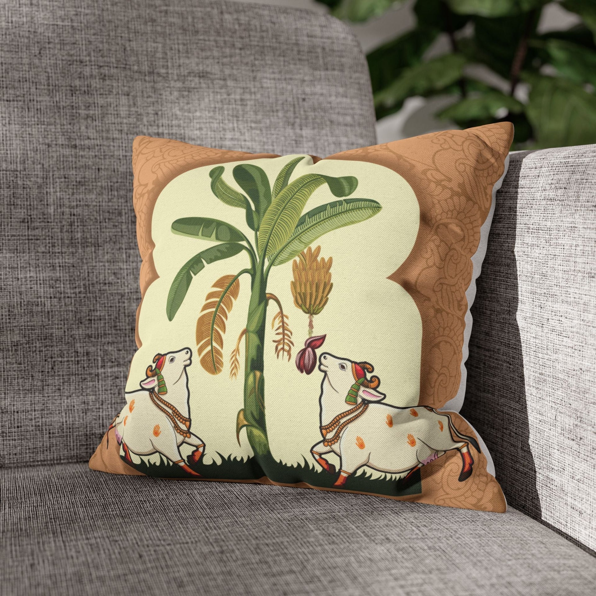 Vrindavan Cow with Banana Arches Cushion Cover
