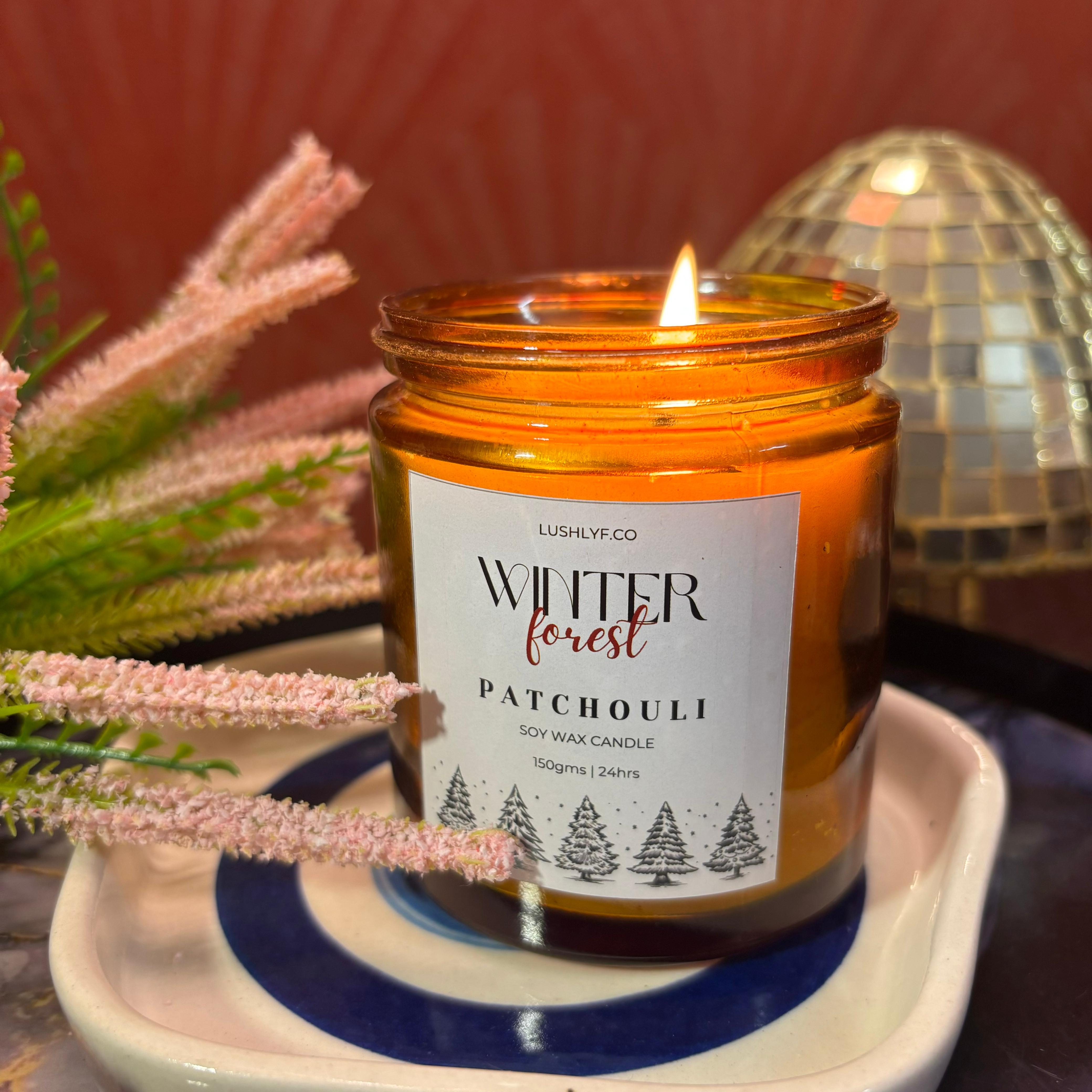 Winter Forest Patchouli Glass Jar Soy Wax Candle