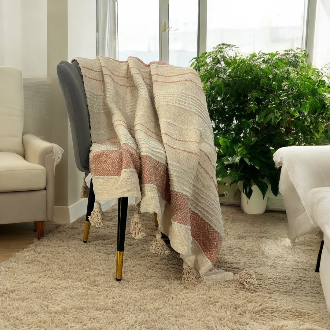 Woven Textured Ivory Sofa Throw