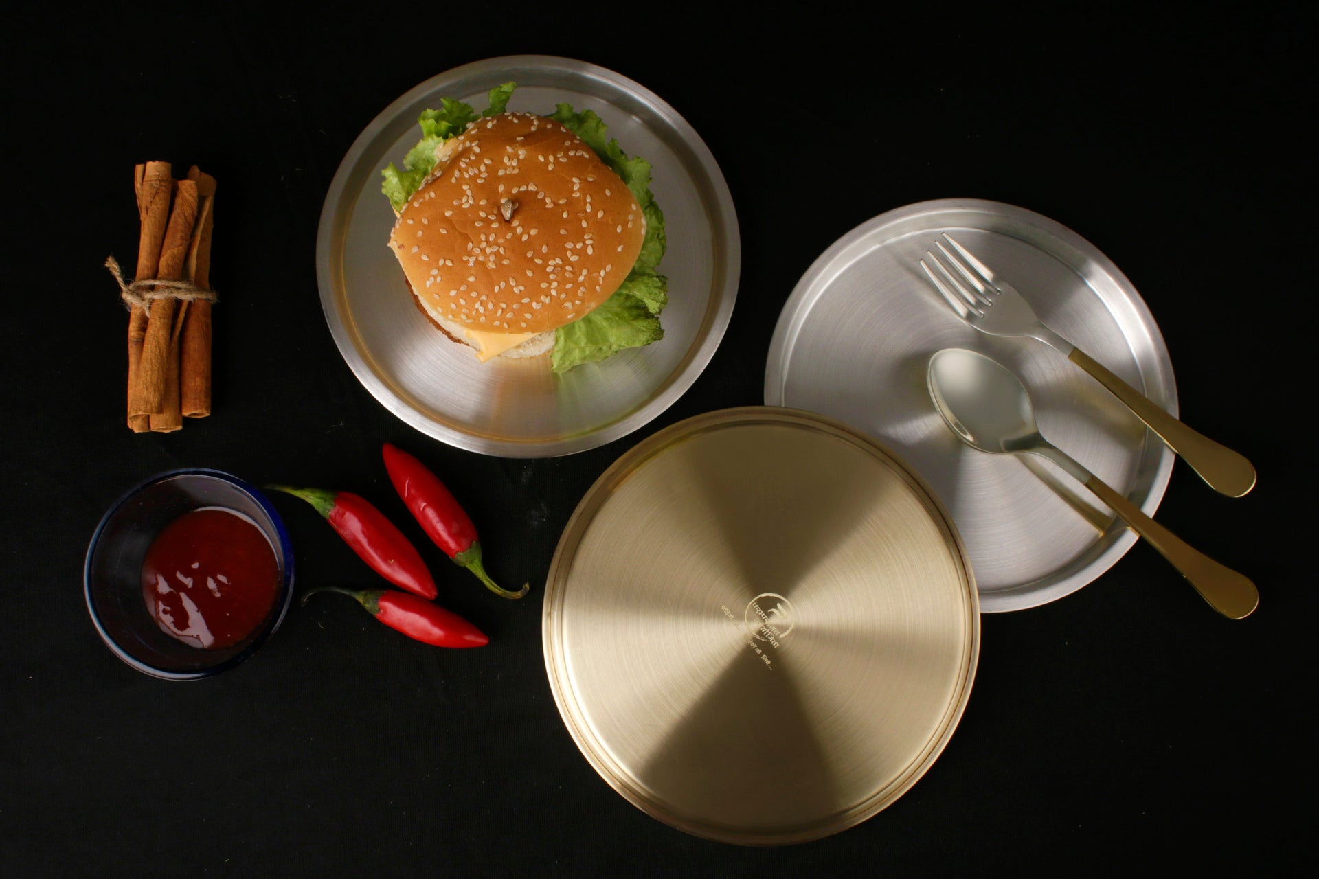 Paramparagat Upyogita Devam Maharani Brass Snacks Plate Set with Cutlery and tin Coating (Kalai)