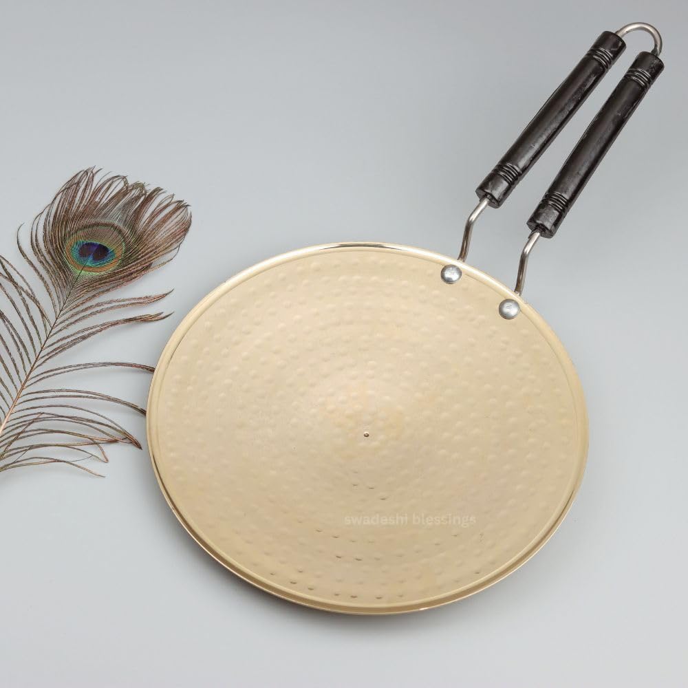 SWADESHI BLESSINGS Exclusive Range Brass Tawa/Teflon-Free/Naturally Non-Stick Brass Utensils with Tin Coating (9.5 Inches)