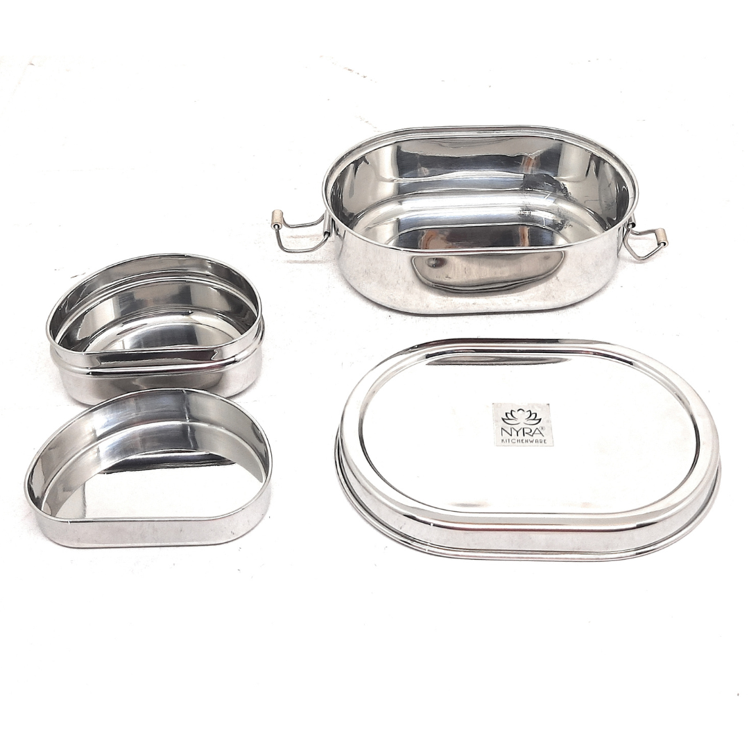 Stainless Steel Oval-shaped Lunch Box with Leakproof Dibbi