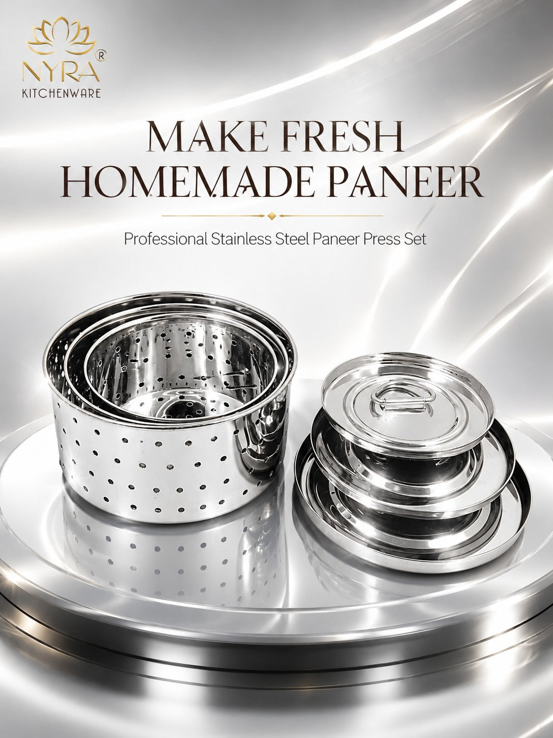 Stainless Steel Round Paneer Mould & Press Set (3 Pcs) - Glossy, Food-Grade for Homemade Cheese