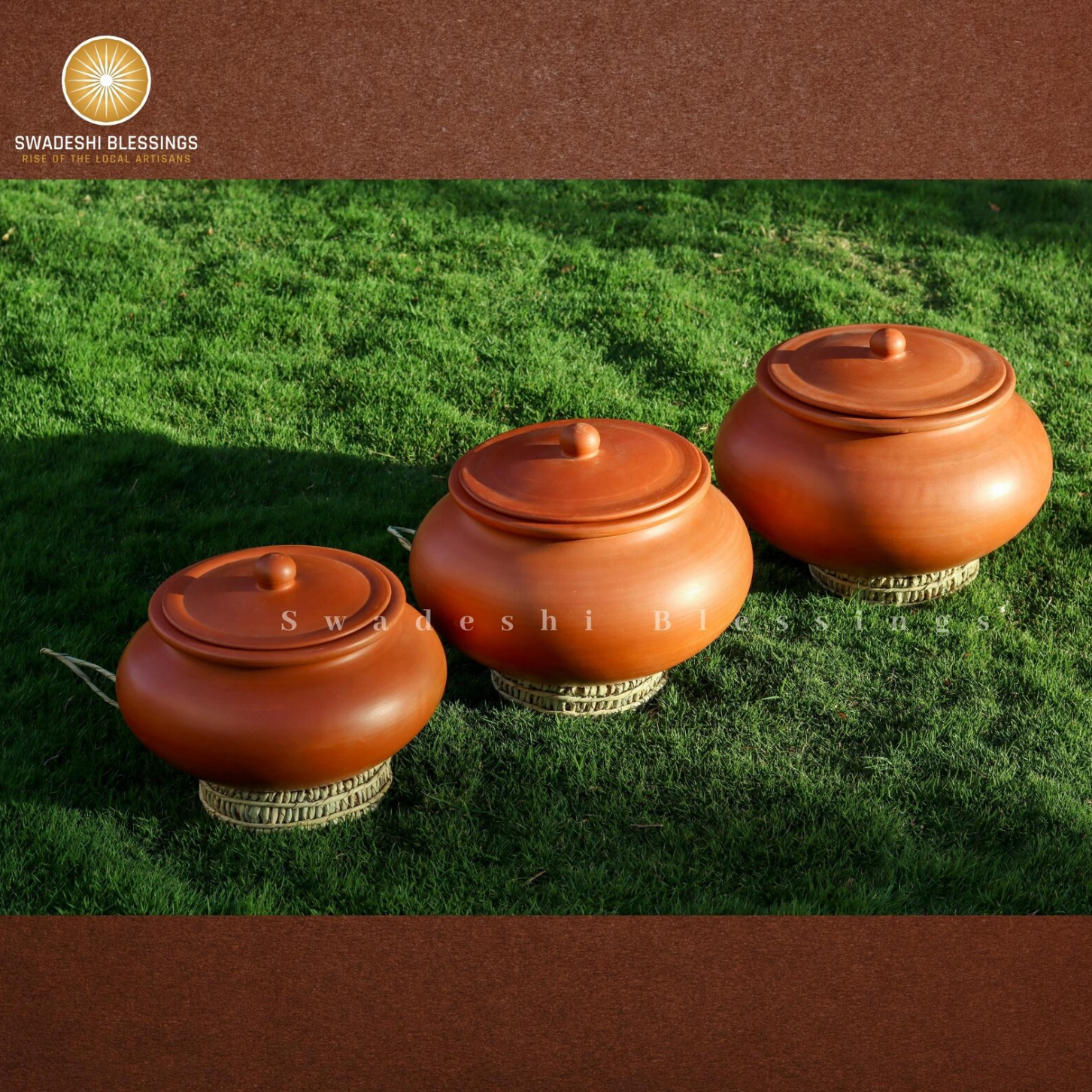 Premium Unglazed Clay Pot for Cooking | Clay Biryani Handi | Earthen Kadhai | Terracota Handi | Clay Biryani Handi for Cooking & Serving with Lid, 3.5L, 4.5L & 5.5L | Includes Free Palm Leaf Stand and Ash for Cleaning Swadeshi Blessings