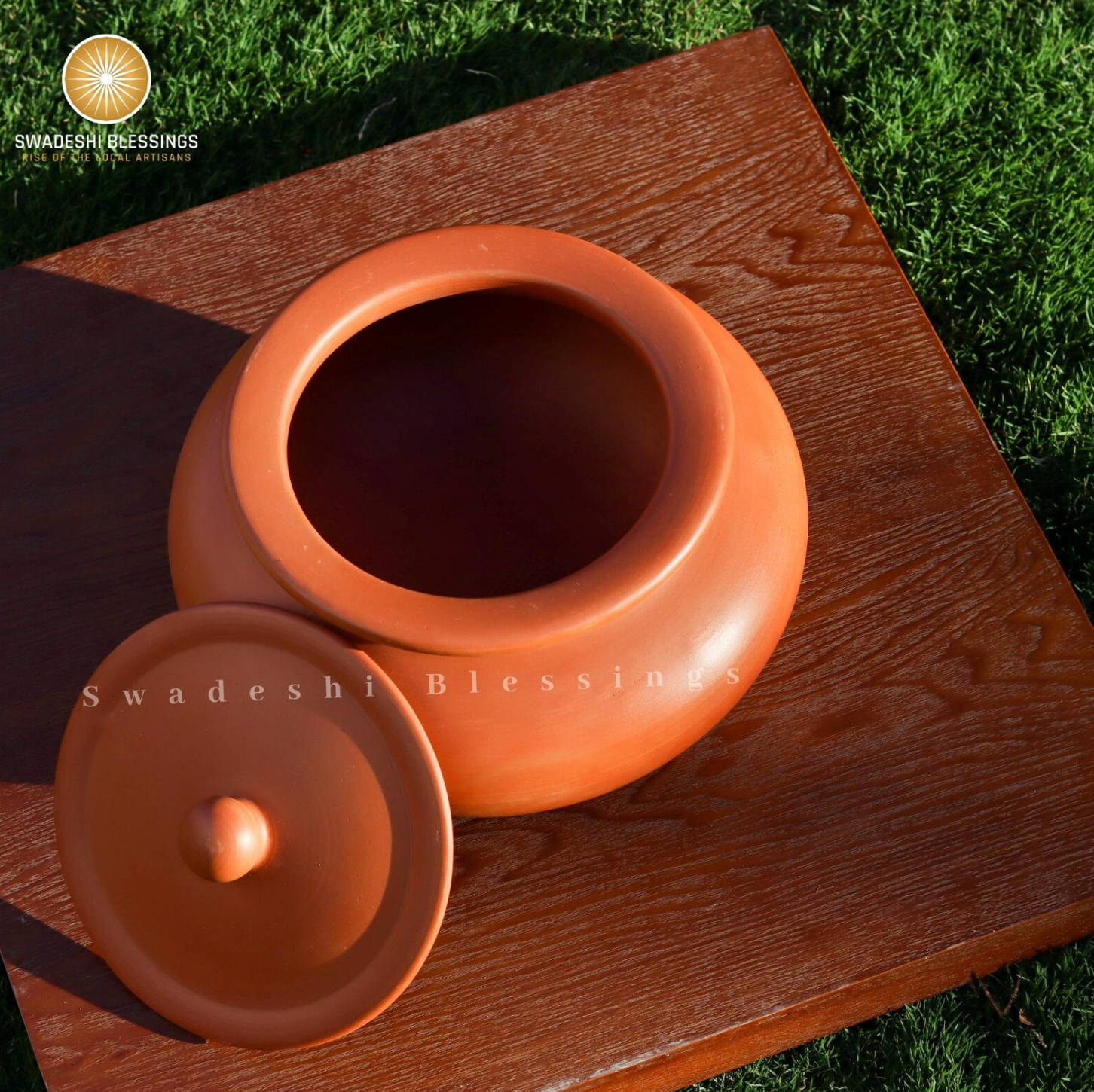 Premium Unglazed Clay Pot for Cooking | Clay Biryani Handi | Earthen Kadhai | Terracota Handi | Clay Biryani Handi for Cooking & Serving with Lid, 3.5L, 4.5L & 5.5L | Includes Free Palm Leaf Stand and Ash for Cleaning Swadeshi Blessings