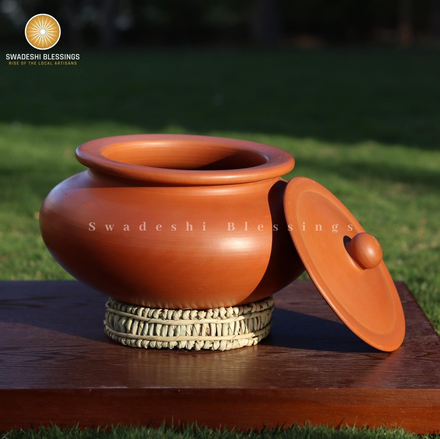Premium Unglazed Clay Pot for Cooking | Clay Biryani Handi | Earthen Kadhai | Terracota Handi | Clay Biryani Handi for Cooking & Serving with Lid, 3.5L, 4.5L & 5.5L | Includes Free Palm Leaf Stand and Ash for Cleaning Swadeshi Blessings