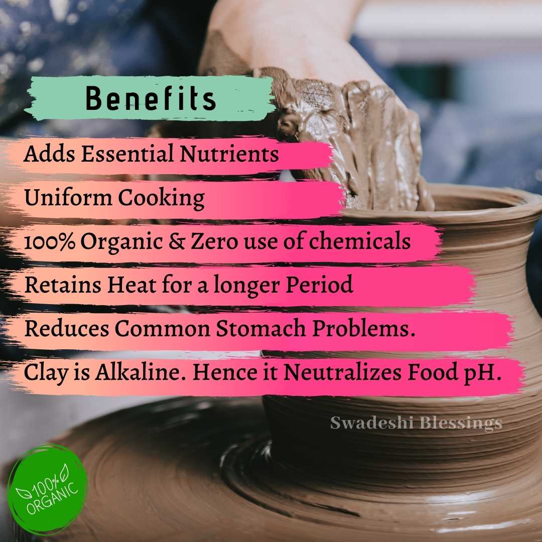 Premium Unglazed Clay Pot for Cooking | Clay Handi | Earthen Handi | Terracota Biryani Handi | Clay Biryani Handi for Cooking & Serving with Lid, 3L, 4L & 5L | Includes Free Palm Leaf Stand and Ash for Cleaning Swadeshi Blessings