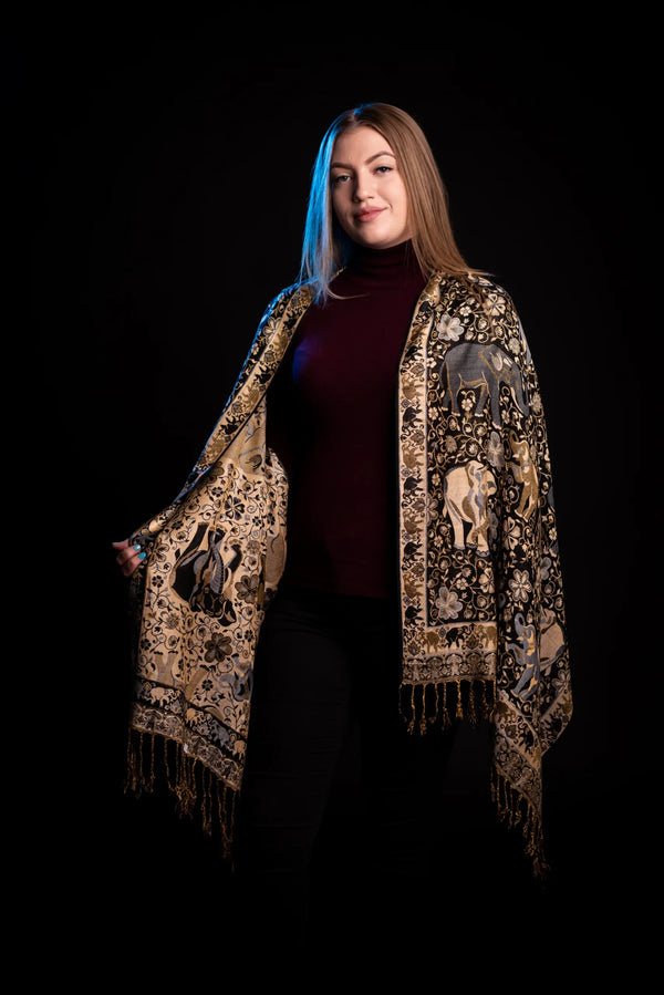 Esarfa casmir paisley si elefanti, maro-bej